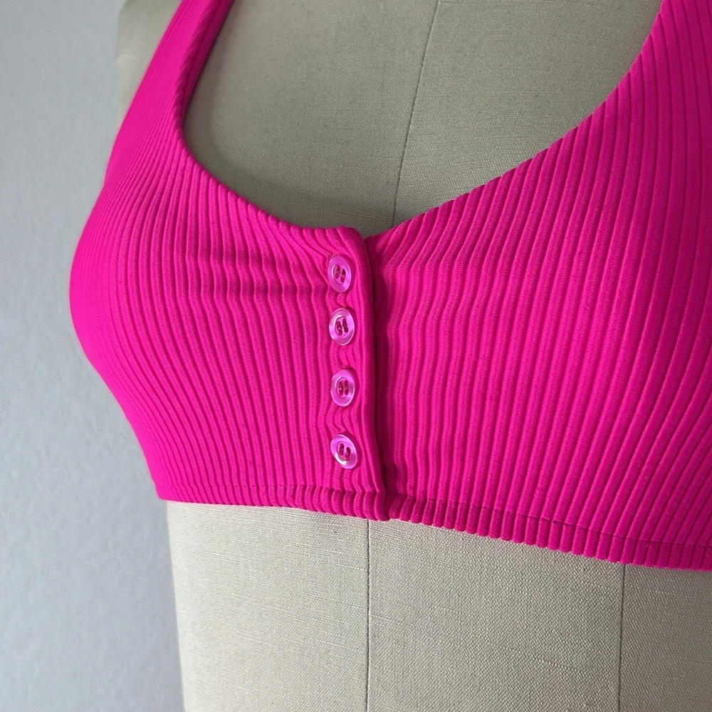 Frankies Bikinis Ribbed Henley Halter Top Neon Pink Bikini Knockout Pink